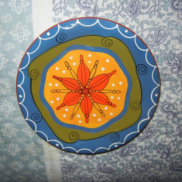 4 Pier 1 Hand Painted Stoneware Plate Swirls & Flower Earthtones - Picture 5 of 6